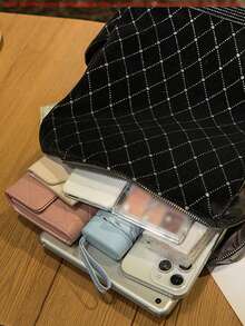 1 件休闲复古水钻菱形背包。轻便时尚斜挎包。便携式个性化单肩包。大容量优雅手提包，配有可调节肩带。商务通勤包。精致挎包。撞色背包钱包。 - 黑色 - 查看 9