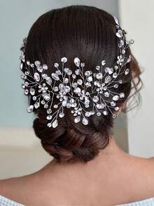 1 件手工水钻水晶头带，时尚新娘婚礼派对发饰，优雅迷人的复古风格女士头饰 - 銀色 - 查看 5