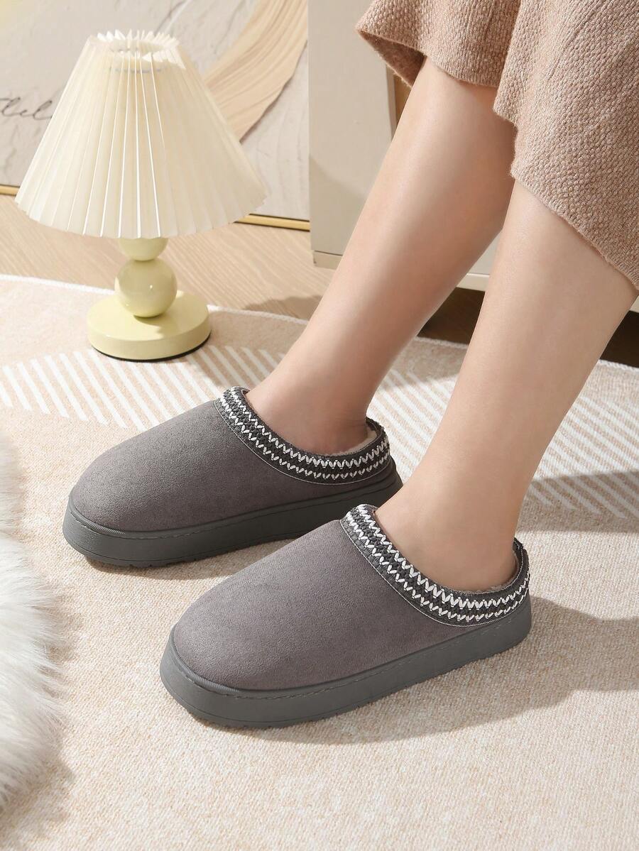 女士新款纯色柔软蓬松厚底拖鞋，适合室内/室外穿着，配有毛绒衬里，TPR 防滑耐用鞋底，寒冷冬季必备的温暖家居拖鞋 - 灰色 - 查看 1