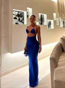 Women's New Long Backless Dress, Tie-Up With Bikini Tie At The Neck, Open At The Front, Suplex Fabric, Casual Promotion 2025 - Xanh đậm - Xem 2