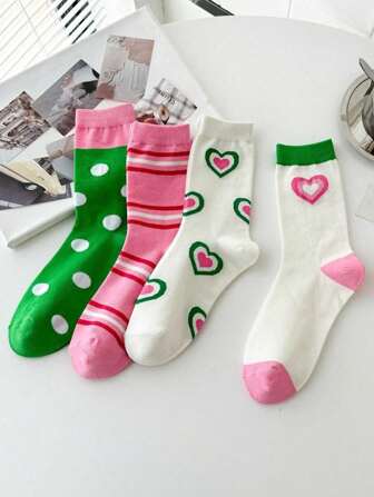 4 Pairs Women's Fashion Polka Dot Ankle Socks, Thin Summer Style, Pink & Green Colors, Fall