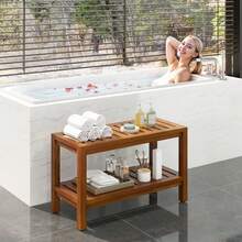 30''/36" Wooden Shower Bench Stool With Storage Shelf Waterproof Bathroom Bench ,Stable Structure, Two Sizes Available - Brown - View 3