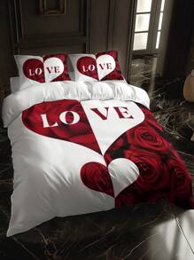 3 件套玫瑰心形字母羽绒被套套装（1 件羽绒被套不含被子，2 件枕套不含枕芯），高清印花，适合居家和宿舍 - 彩色 - 查看 5