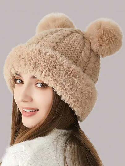 Sombrero de punto de invierno estilo coreano para mujer con bola de pelo suave, gorro con orejeras grueso y retorcido de peluche, de unicolor, elegante y casual, estilo bohemio chic para uso en la calle, de poliéster, para otoño/invierno
