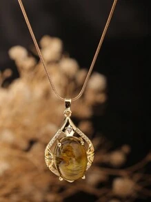 1pc Stainless Steel "Leaf Knows Autumn" Egg Leaf Shape Necklace, Luxury 18K Gold Amber 4-Color Teardrop Pendant, Suitable For Women Party And Daily Wear