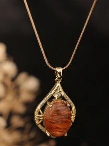 1pc Stainless Steel "Leaf Knows Autumn" Egg Leaf Shape Necklace, Luxury 18K Gold Amber 4-Color Teardrop Pendant, Suitable For Women Party And Daily Wear