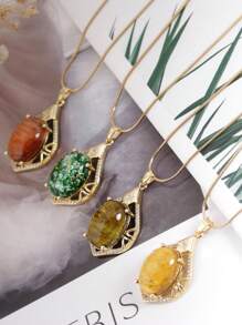 1pc Stainless Steel "Leaf Knows Autumn" Egg Leaf Shape Necklace, Luxury 18K Gold Amber 4-Color Teardrop Pendant, Suitable For Women Party And Daily Wear