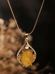 1pc Stainless Steel "Leaf Knows Autumn" Egg Leaf Shape Necklace, Luxury 18K Gold Amber 4-Color Teardrop Pendant, Suitable For Women Party And Daily Wear