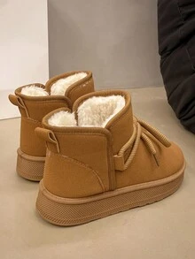 2024冬季新款厚底防滑雪地靴休闲短筒交叉系带装饰加厚保暖防滑短靴 - 棕色 - 查看 3