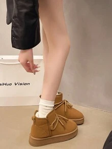 2024冬季新款厚底防滑雪地靴休闲短筒交叉系带装饰加厚保暖防滑短靴 - 棕色 - 查看 6