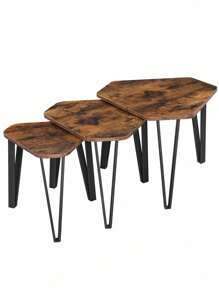 VASAGLE Nesting Coffee Table, Set Of 3 End Tables For Living Room, Stacking Side Tables, Sturdy And Easy Assembly, Steel Frame, Industrial Style, Rustic Brown And Black - Chocolate Brown - View 10