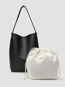 1pc Solid Color PU Leather Bucket Bag, Suitable For Women Daily Use - Black - View 1