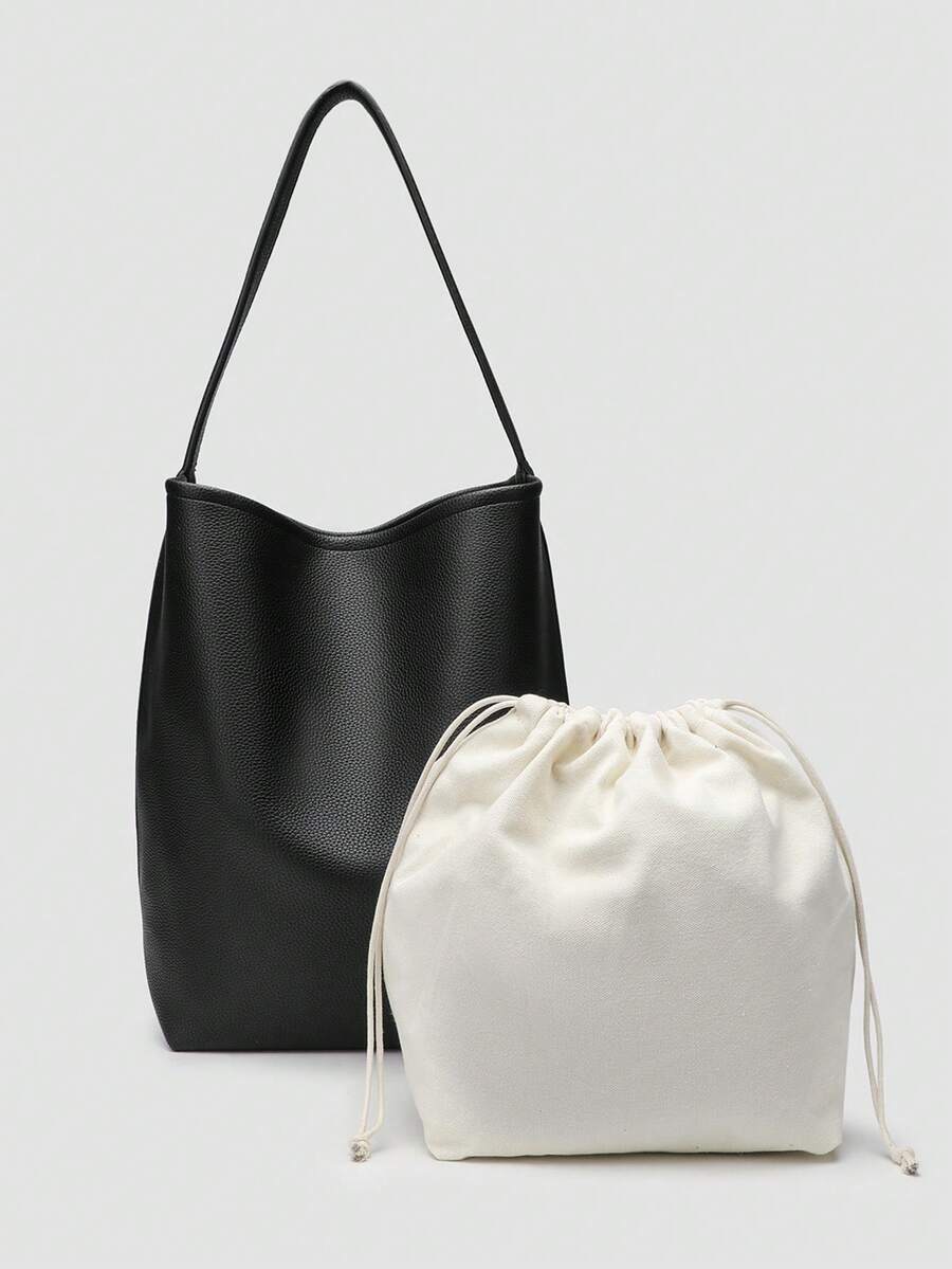 1pc Solid Color PU Leather Bucket Bag, Suitable For Women Daily Use - Black - View 1