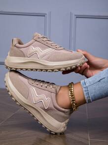 潮流女鞋，卡其色 Marload，秋冬必备运动风服装，运动训练轻便运动鞋，高弹软底缓冲，撞色，爆米花鞋底，适合春秋季节，系带平底休闲运动鞋 - 卡其色 - 查看 4