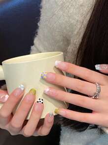 Uñas postizas hechas a mano - Forma cuadrada color rosa claro con diseño de nubes y arcoíris, Set de 10 piezas de uñas acrílicas falsas pegables - Conveniente, versátil, reutilizable - Incluye uñas postizas, uñas pegables, uñas Impress - Estilos pastel y variados