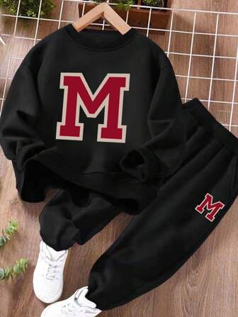 2PCS Tween Girl Cartoon M Letter Print Outfits Sweatsuit Oversized Sweatshirt Lounge Sets Baggy Sweatpants Fall Fashion With Pockets