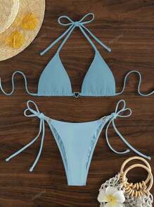 3pcs/Set Light Blue Bowknot Rhinestone Decor Bikini Set Swimwear With Cover-Up Shorts, Sunproof, For Summer Beach Vacation