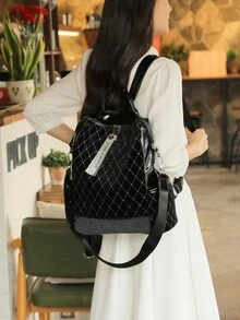 1 件休闲复古水钻菱形背包。轻便时尚斜挎包。便携式个性化单肩包。大容量优雅手提包，配有可调节肩带。商务通勤包。精致挎包。撞色背包钱包。 - 黑色 - 查看 6