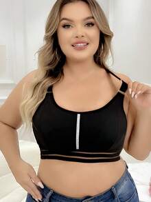 大码女士内衣，采用闪亮对比色和纯色缝线细节，时尚交叉背部设计，可拆卸垫，针织面料，95% 涤纶，透气运动胸罩，宽松舒适 - 黑色 - 查看 4