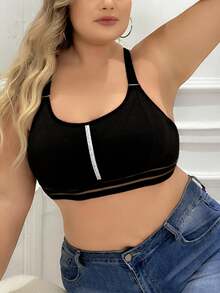 大码女士内衣，采用闪亮对比色和纯色缝线细节，时尚交叉背部设计，可拆卸垫，针织面料，95% 涤纶，透气运动胸罩，宽松舒适 - 黑色 - 查看 6