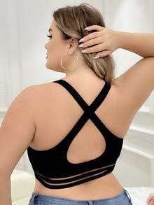 大码女士内衣，采用闪亮对比色和纯色缝线细节，时尚交叉背部设计，可拆卸垫，针织面料，95% 涤纶，透气运动胸罩，宽松舒适 - 黑色 - 查看 2