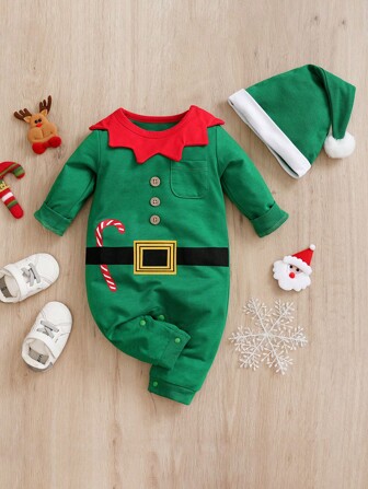 Yierying 新生男婴可爱圣诞图案绿色连体衣和圆领套装