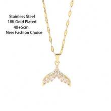 1 件 18K 镀金闪亮锆石嵌入式奢华个性鱼尾吊坠项链，时尚钛钢颈链项链女士珠宝 - 金色 - 查看 2