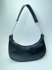 WOMEN'S HALF MOON PLAIN BAG IN NEUTRAL COLORS WITH SHOULDER STRAP WITH CHAIN DETAIL - 黑色 - 查看 2