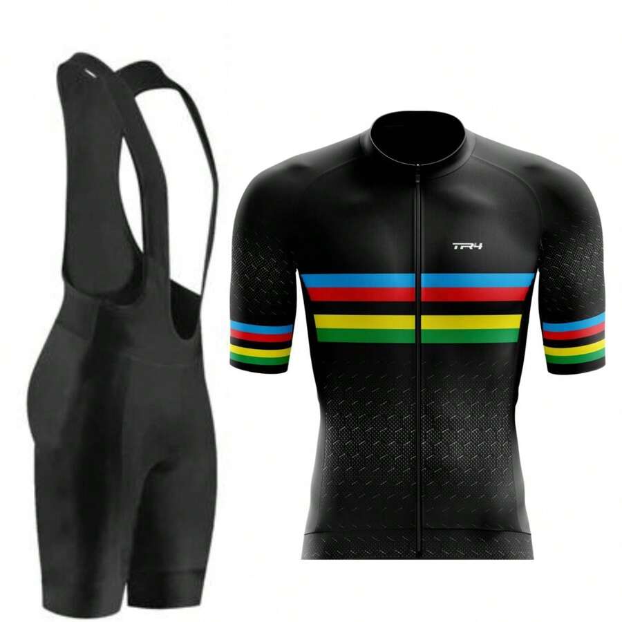 男友风格男士骑行套装自行车踏板优质短袖衬衫防紫外线和背带短裤带 GEL 保护 - 紅色 - 查看 1