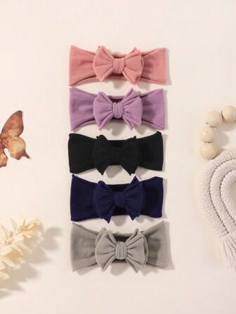 Set de 5 diademas con lazo de unicolor, accesorios para el cabello de bebé/infante elásticos y lindos