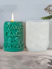 圣诞系列松树&姜饼人圆柱香薰蜡烛硅胶模具，圣诞字母&雪花圆柱家具装饰香薰蜡烛硅胶模具 - 白色 - 查看 1