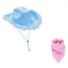 Adjustable Chin Strap Cowboy Hats Cowgirl Hat With Scarf For Women Girls Cowboy Costume Theme Party - 藍色毛邊銀絲 - 查看 1