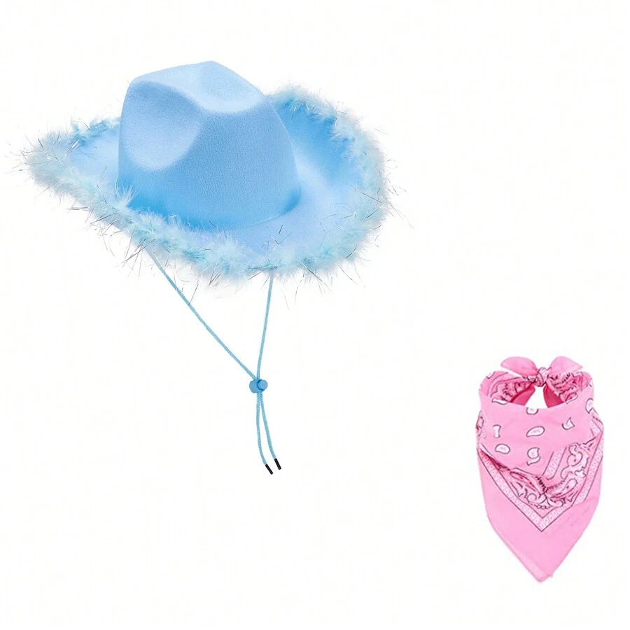 Adjustable Chin Strap Cowboy Hats Cowgirl Hat With Scarf For Women Girls Cowboy Costume Theme Party - 藍色毛邊銀絲 - 查看 1