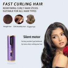 自动卷发棒，无线自动卷发器，陶瓷旋转卷发棒，6档温度设置带定时功能，便携式可充电卷发棒，自动断电，快速加热造型 - 紫羅蘭色 - 查看 5