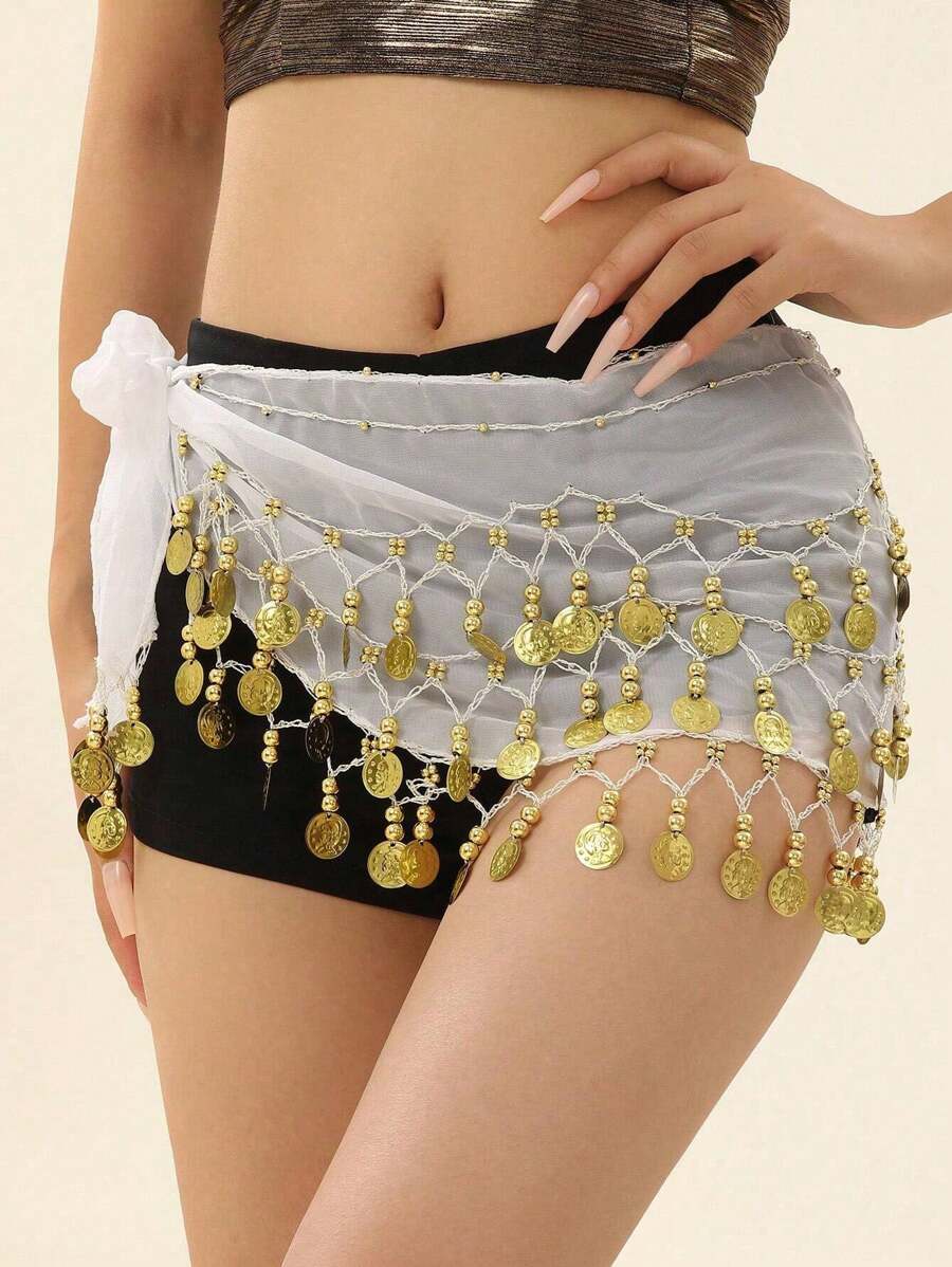 一件女士多色金属网纱腰裙，饰有肖像图案，适合肚皮舞表演或作为圣诞礼物送给朋友，波西米亚风格