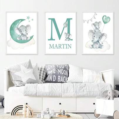 3pcs Custom Name Baby Elephant Posters Blue Green Moon Canvas Painting For Nursery Wall Art Printed, Home Decor For Kids Room Decoration, Valentine Day, Valentine Day Decor Gifts Birthday Graduation, Multi-Functional, Quick Dry, Waterproof, Anti-Mold, Reusable, Ornamental, Stainless, Cute, Stylish, Exquisite, Adorable, Tidy, High-Quality, Modern, Custom, Personalized, Unique, Ideal Gifts For Him, Ideal Gifts For Her, Kitchen, Dining Room, Bathroom, Living Room, Bedroom, School, Office, Tea Room, Home, Garden