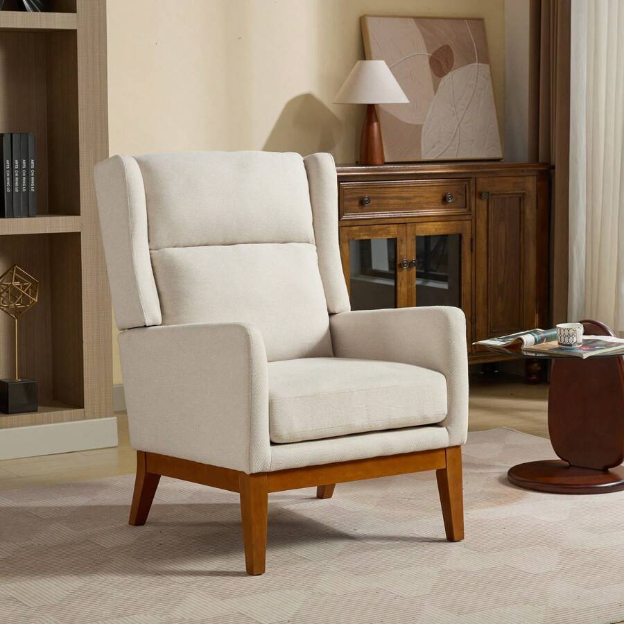 CAPCAEK 26.18" Wide Modern Accent Chair,Polyester Blend High Back Reading Chair ,Upholstered Armchair Club Chair,Single Sofa With Wood Legs For Living Room,Bedroom,Reading Room,Office - Màu be - Xem 1