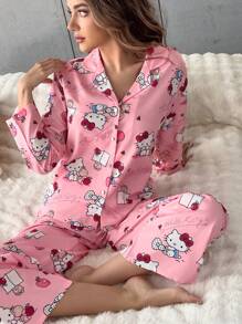 SANRIO 【奇幻世界】2件套Hello Kitty女士翻领纽扣长袖印花睡衣上衣和松紧腰长裤睡衣套装 - 西瓜粉 - 查看 2