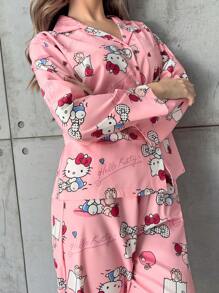 SANRIO 【奇幻世界】2件套Hello Kitty女士翻领纽扣长袖印花睡衣上衣和松紧腰长裤睡衣套装 - 西瓜粉 - 查看 4