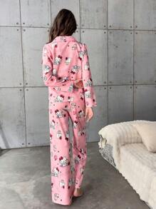 SANRIO 【奇幻世界】2件套Hello Kitty女士翻领纽扣长袖印花睡衣上衣和松紧腰长裤睡衣套装 - 西瓜粉 - 查看 5