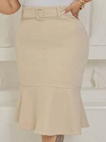 Plus Size Midi Skirt Moda Evangelica - Màu be - Xem 3