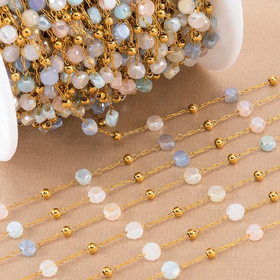 1m/Pc Stainless Steel Colorful Crystal Bead Chain, Suitable For Jewelry And Necklace DIY - Stainless Steel-1 Meter - View 1