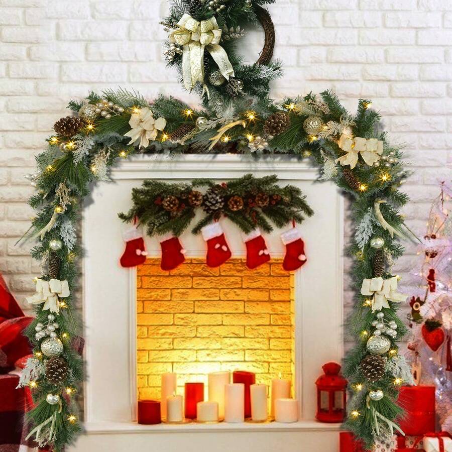 Guirnalda de Navidad de 6 pies con 20 luces LED - Guirnalda navideña dorada pre iluminada con astas falsas, lazos y adornos con bolas - Funciona con batería con temporizador para decorar la chimenea, escaleras y mesas - Verde - Ver 1
