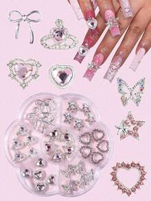 1 盒 35 件混合款式指甲贴纸 - 星星、蝴蝶结、心形等。适用于日常指甲装饰，欧洲和美国奢华风格铜镶嵌锆石，3D 简约，多功能，Y2K 金属指甲水晶和宝石，美甲装饰 - 彩色 - 查看 1