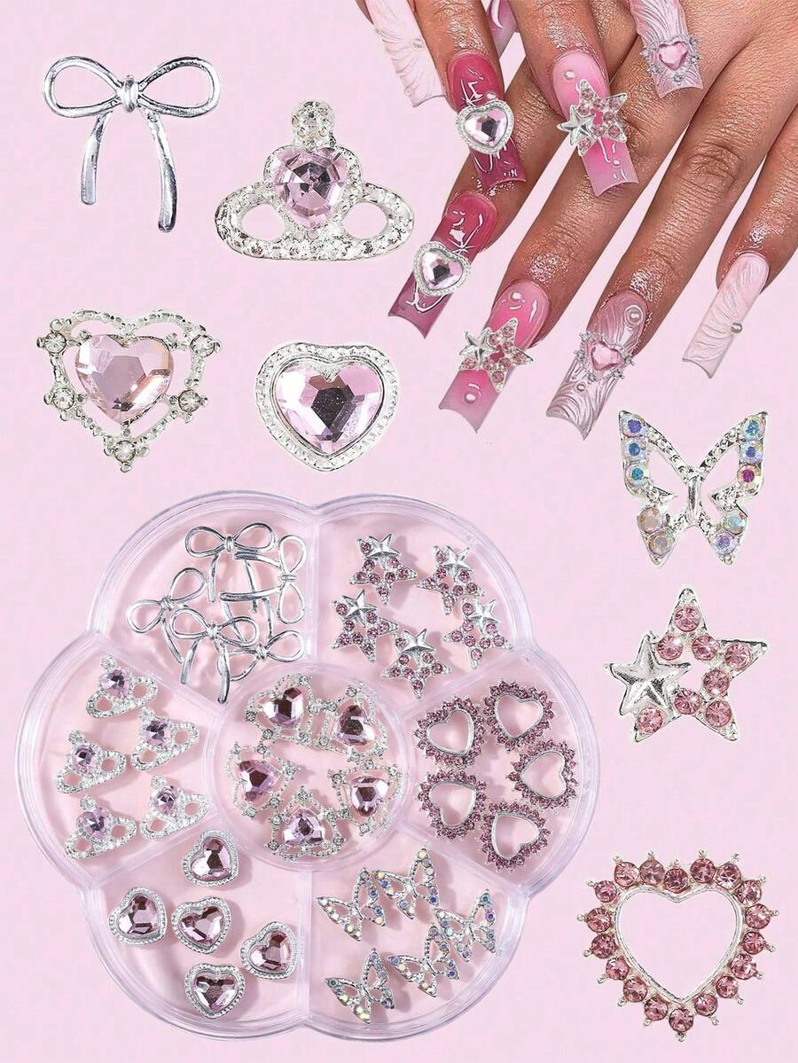 1 盒 35 件混合款式指甲贴纸 - 星星、蝴蝶结、心形等。适用于日常指甲装饰，欧洲和美国奢华风格铜镶嵌锆石，3D 简约，多功能，Y2K 金属指甲水晶和宝石，美甲装饰 - 彩色 - 查看 1