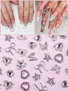 1 盒 35 件混合款式指甲贴纸 - 星星、蝴蝶结、心形等。适用于日常指甲装饰，欧洲和美国奢华风格铜镶嵌锆石，3D 简约，多功能，Y2K 金属指甲水晶和宝石，美甲装饰 - 彩色 - 查看 3