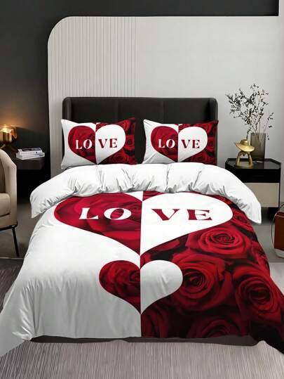 3pcs Rose Heart Letter Duvet Cover Set (1pc Duvet Cover Without Comforter, 2pcs Pillow Cases Without Pillow Insert), High Definition Print For Home And Dorms