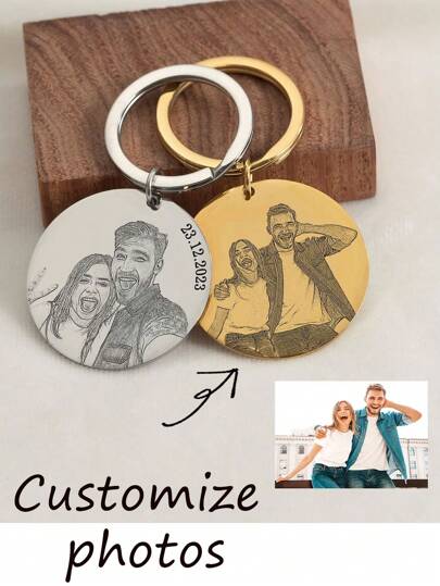 1 pieza Llavero personalizado de oro, plata, foto real Llavero personalizado con retrato Llavero personalizado, regalo del Día de San Valentín, regalo de aniversario, el mejor regalo, llaveros y accesorios personalizados, fin del verano, romance delicado, para oficina, para escuela, para aula, para regalos de maestros, para universidad, para colegas, para dormitorios