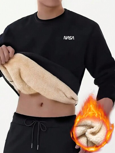 Męska bluza z nadrukiem w litery i okrągłym dekoltem, luźny krój, ciepła podszewka, modny długi rękaw na jesień/zimę