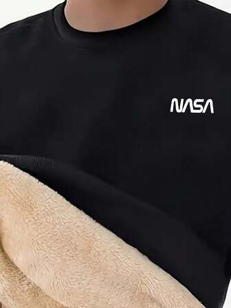 Men's Letter Print Crew Neck Sweatshirt, Loose Fit, Warm Lining, Long Sleeve For Autumn/Winter